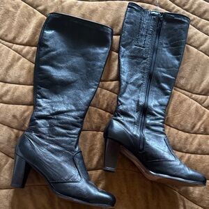 Vintage Hush Puppies Black Leather Knee-High Heeled Boots